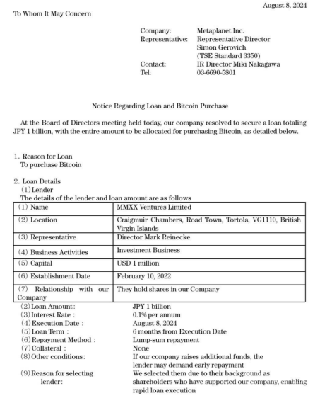 Metaplanet获得10亿日元贷款用于增持比特币