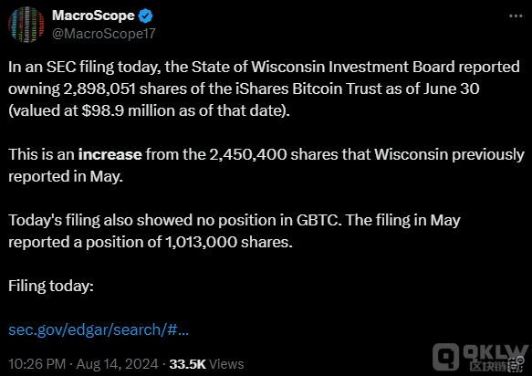 威斯康星州养老基金增持贝莱德比特币ETF