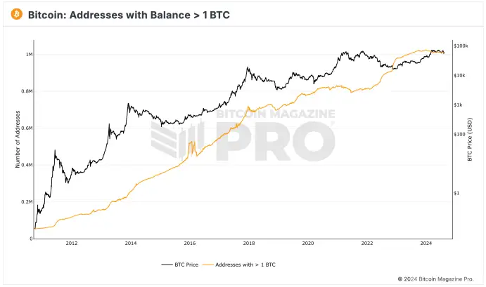 超过100万个比特币地址显示强劲采用趋势