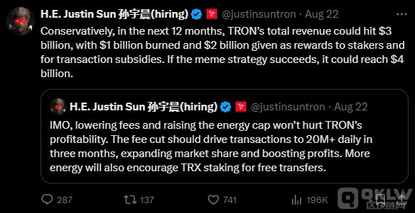 Justin Sun预言Tron收入将因模因策略达40亿美元